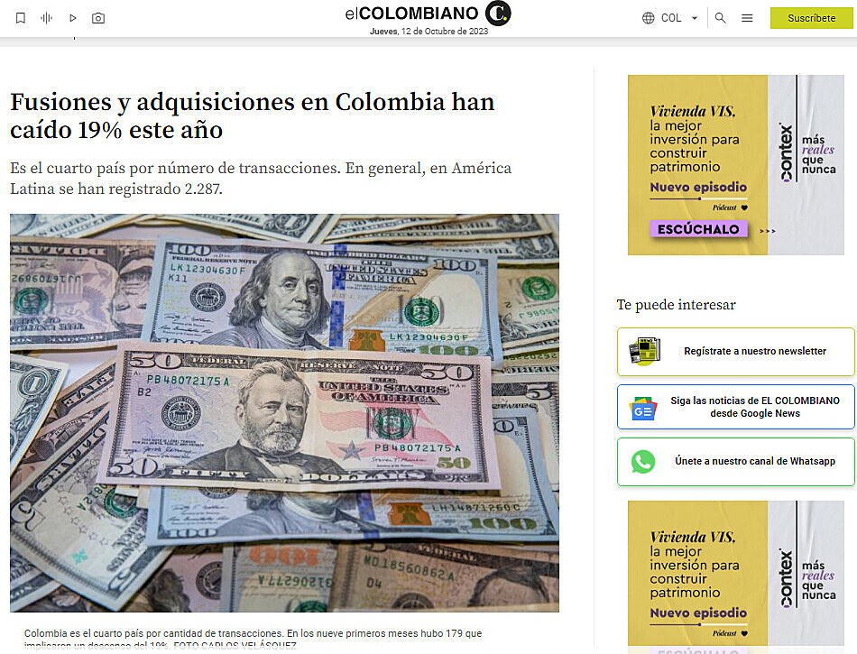 Fusiones y adquisiciones en Colombia han cado 19% este ao